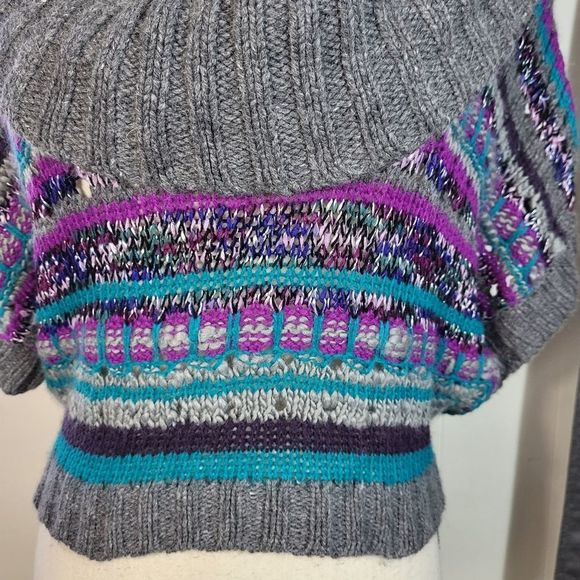 LINQ LOS ANGELES Gray Teal Purple Striped Wool Angora Knit Cropped Sweater Sz S - Picture 2 of 4